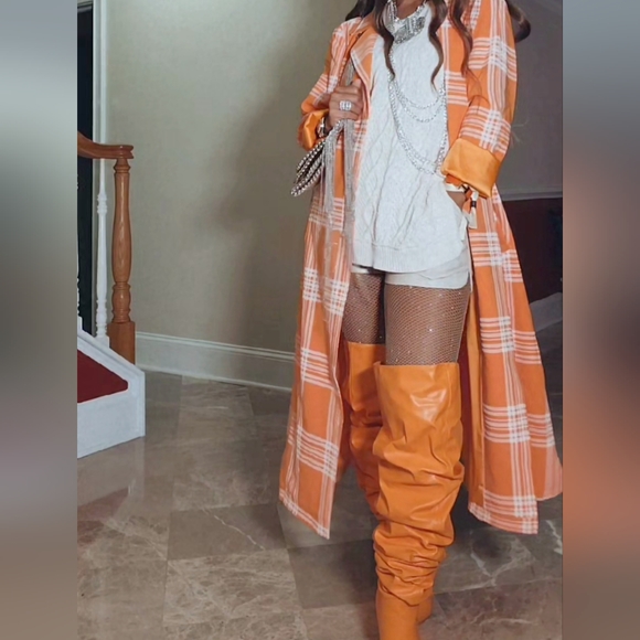 Stasia Sherberry: Orange Plaid All Season Duster Trench Coat L XL - Picture 14 of 16